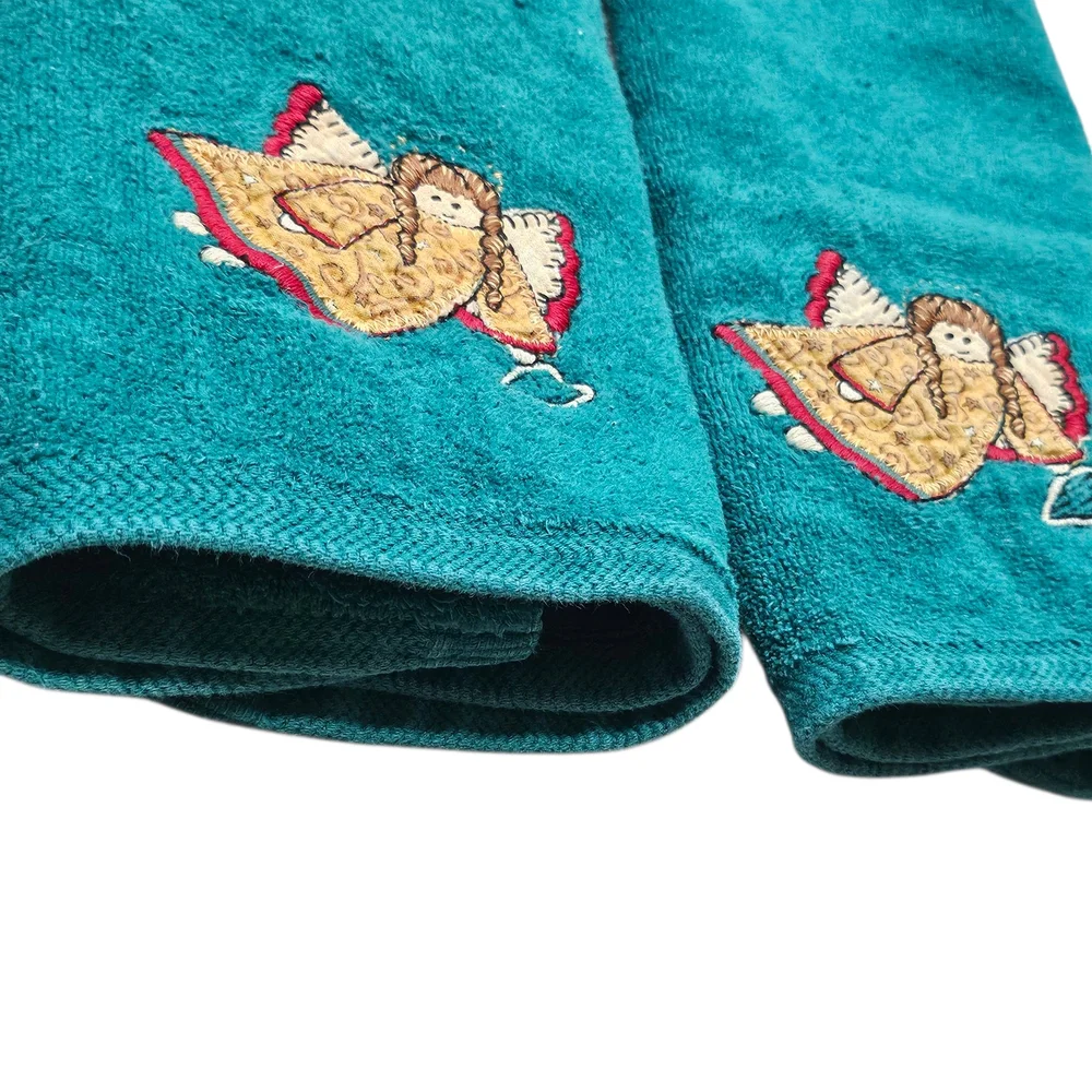 Green Embroidered Angel Christmas Hand‎ Towels Set Made In USA 100% Cotton VTG